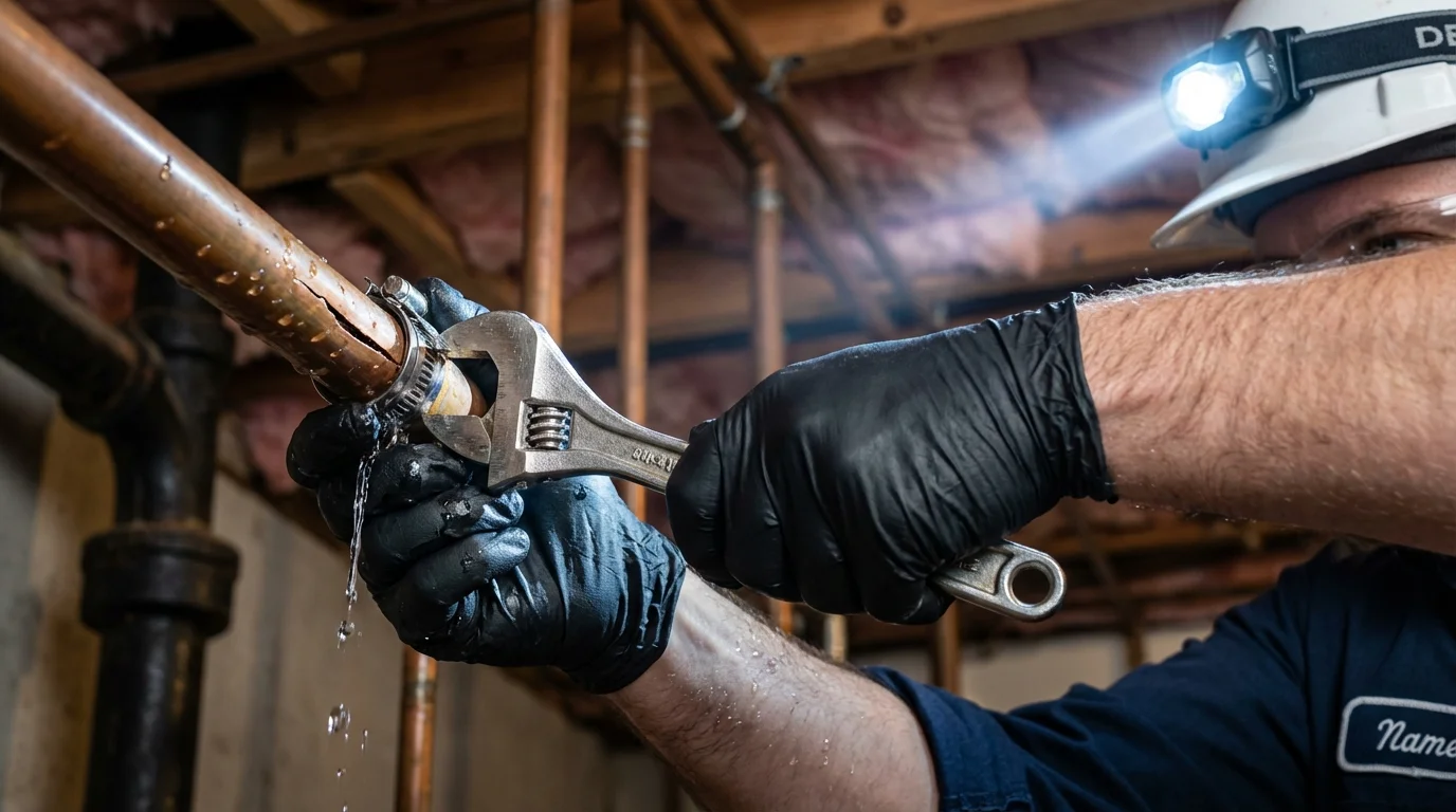 Emergency pipe clamp repair being performed by a Johns Plumbing LLC plumber in Meraux