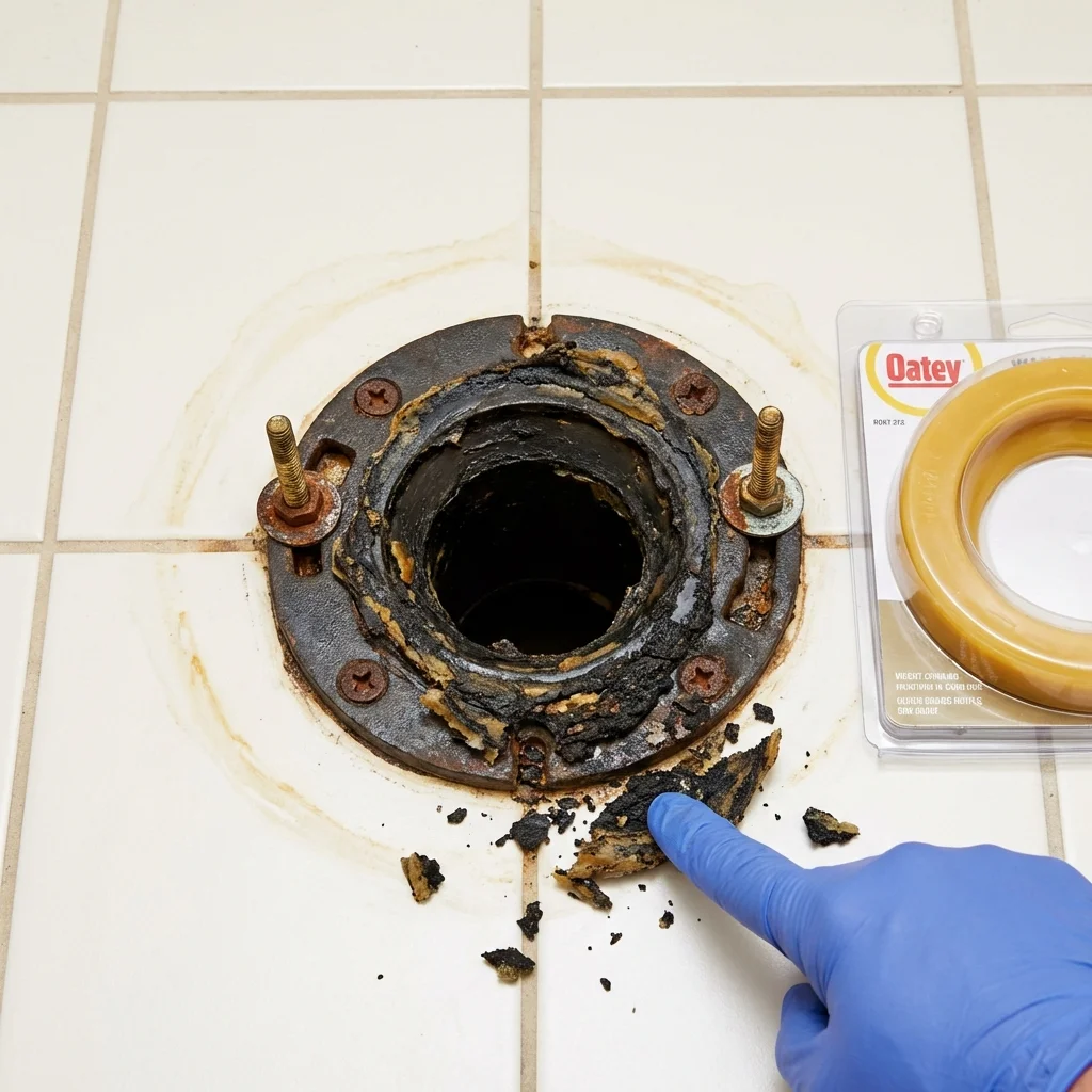Failed wax ring showing water seepage at the base of a toilet in a Meraux, LA home