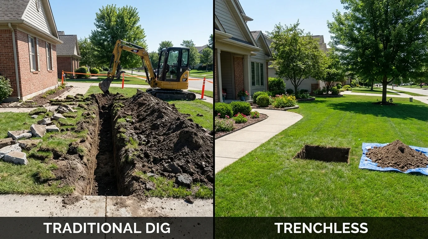 Trenchless sewer repair with minimal yard damage versus traditional excavation in Meraux, LA