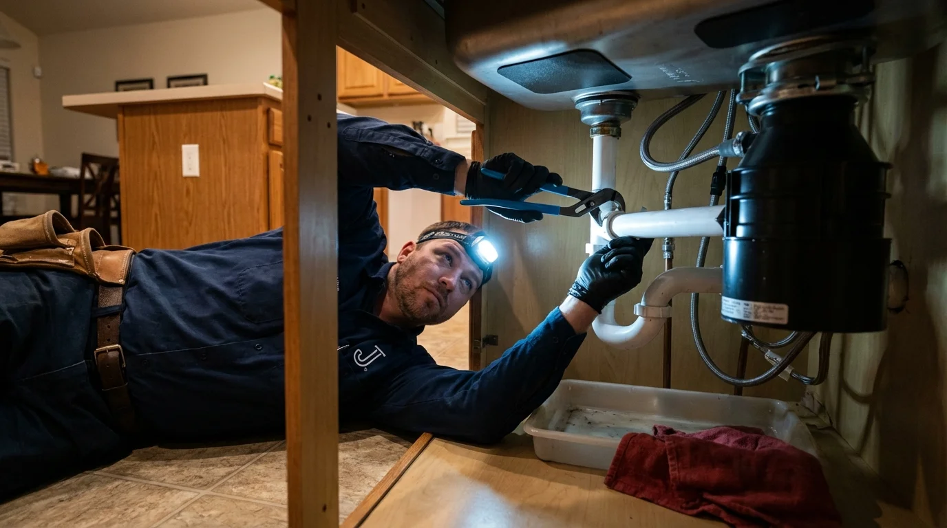 P-trap and supply line connections under a kitchen sink showing a common leak point in Meraux, LA